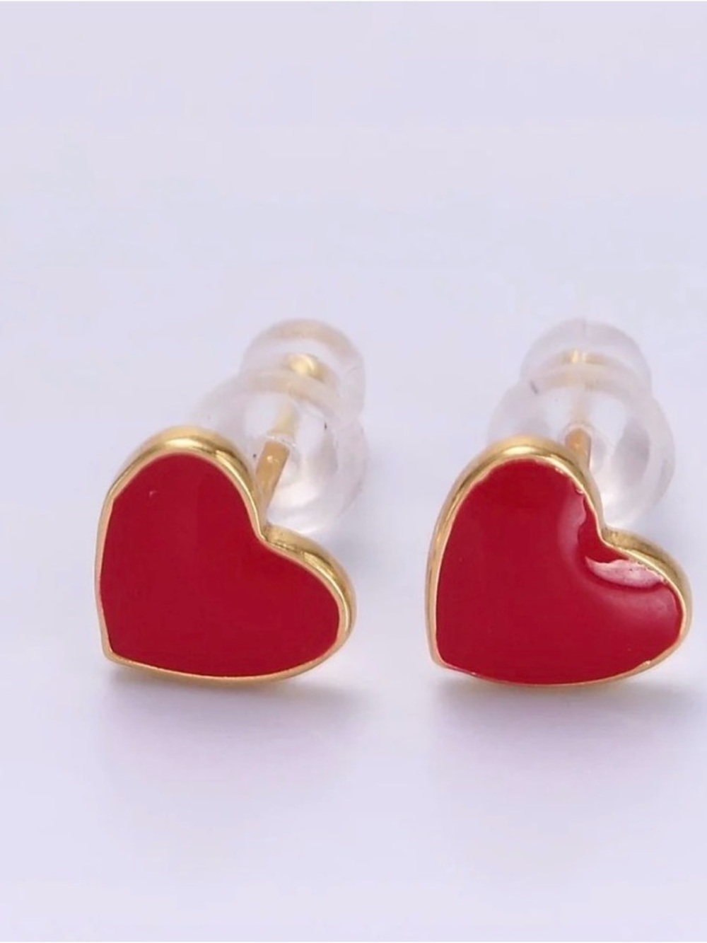 Red Heart Stud Earrings - Gold Trim